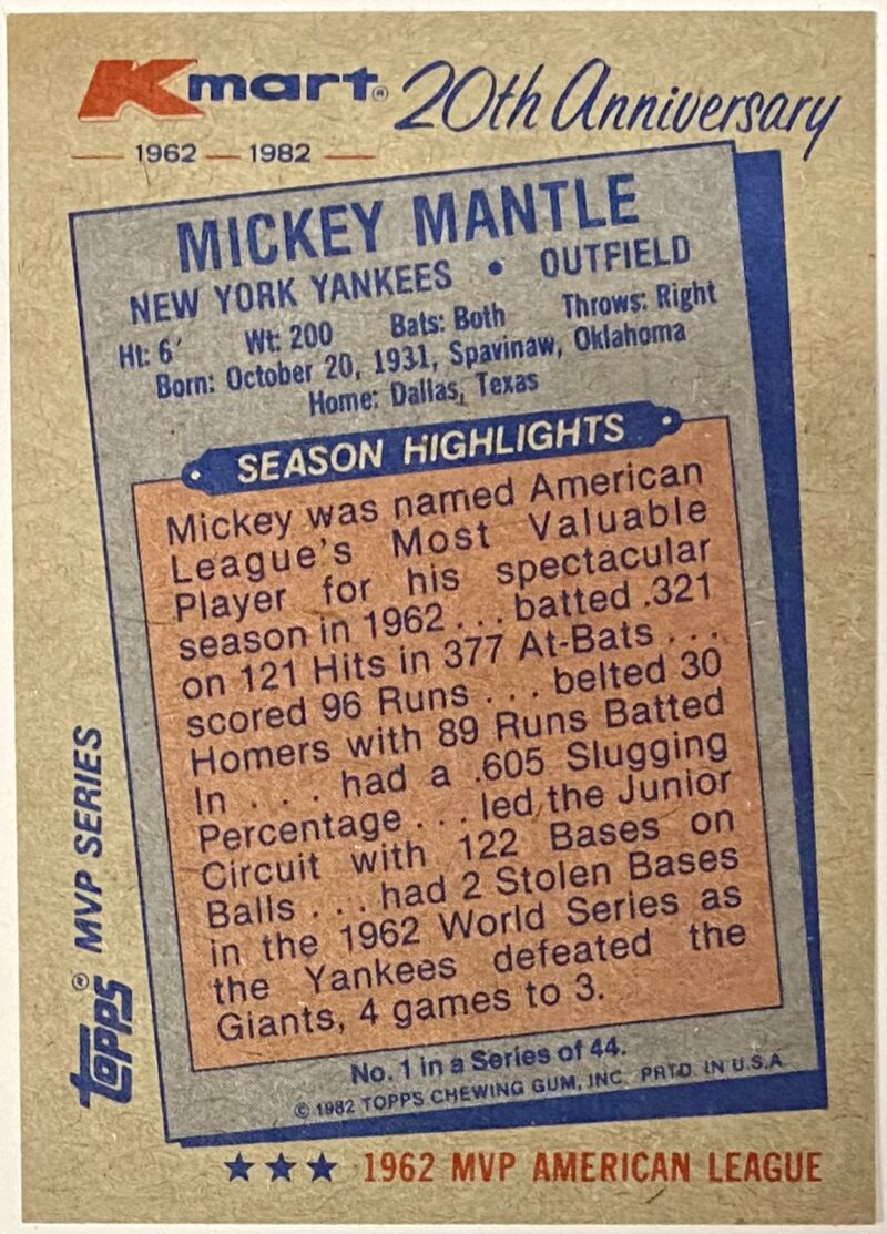 Mickey Mantle 1982 Topps Kmart 20th Anniversary New York Yankees