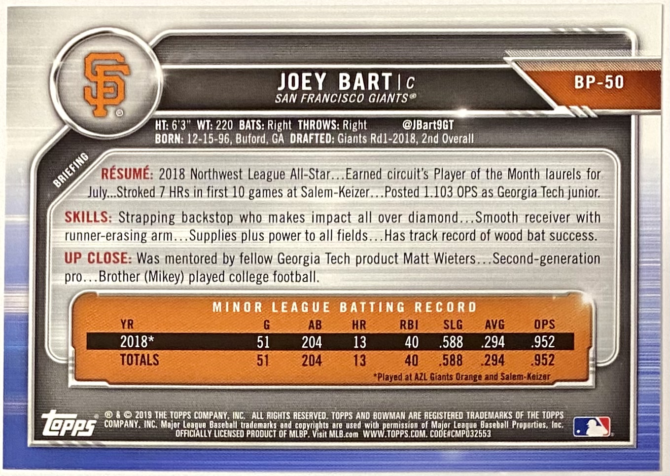 Joey Bart 2019 Bowman San Francisco Giants Baseball Prospect Rookie