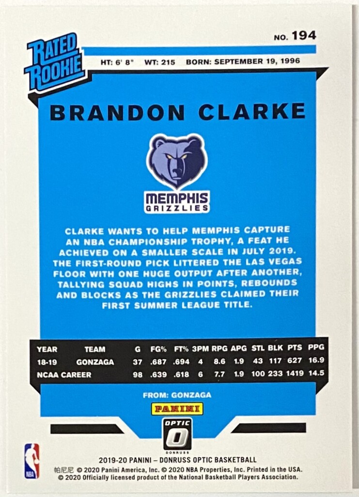 Brandon Clarke 2019 20 Panini Donruss Optic Basketball Memphis