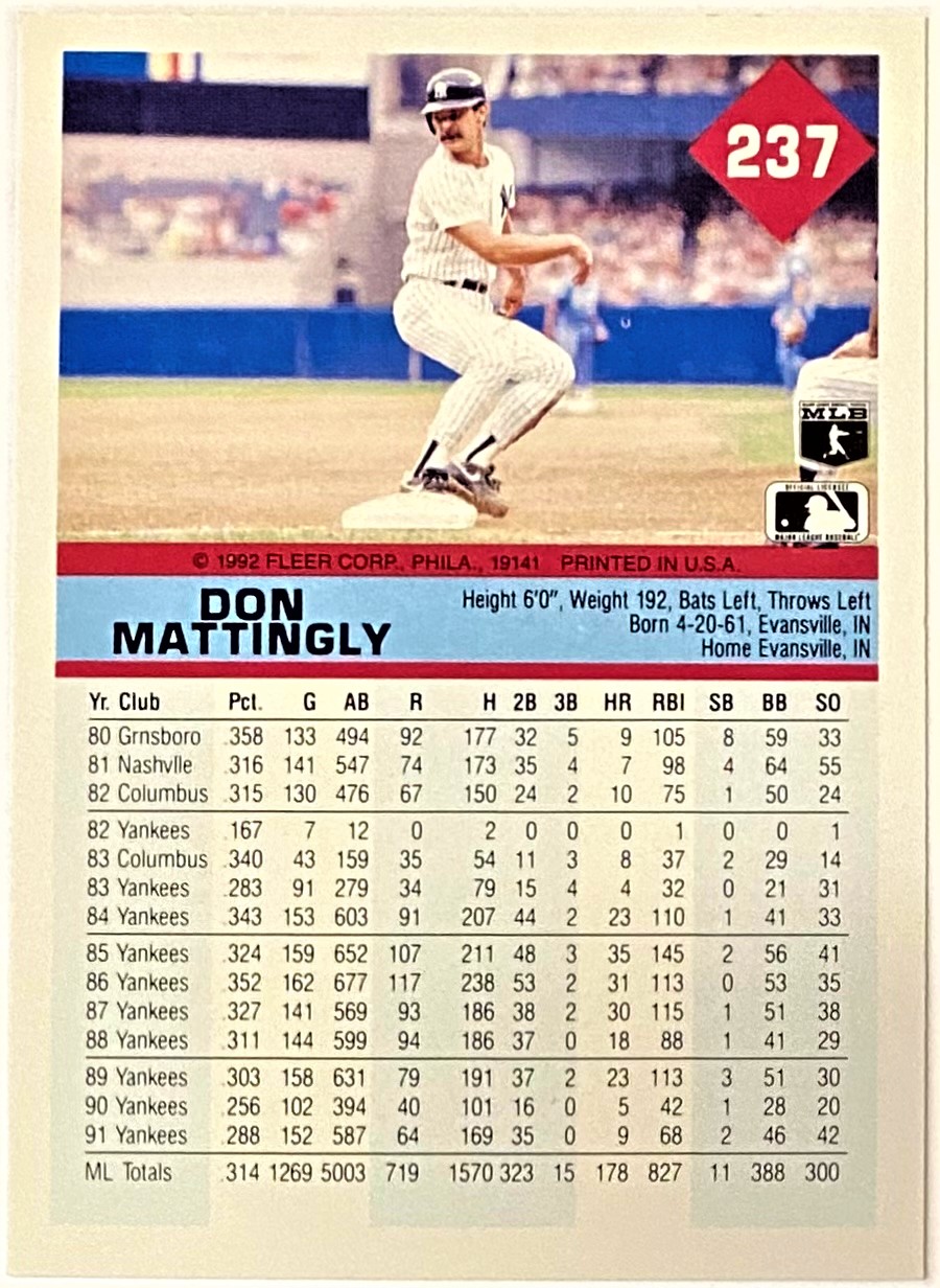 Don Mattingly 1992 Fleer New York Yankees Baseball Card KBK Sports