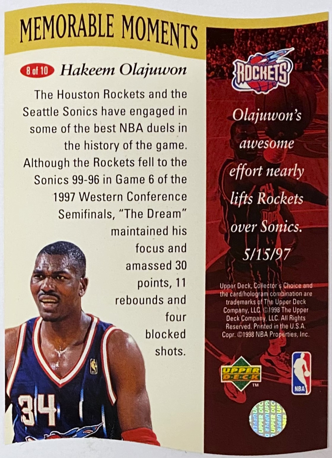 Hakeem Olajuwon 1997 98 Upper Deck Collector S Choice Houston Rockets