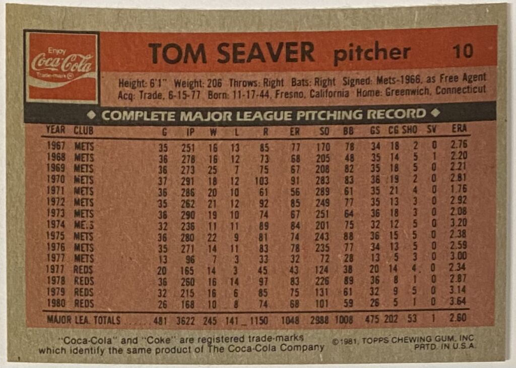 Tom Seaver Topps Cincinnati Reds Baseball Coca Cola Card Kbk Sports