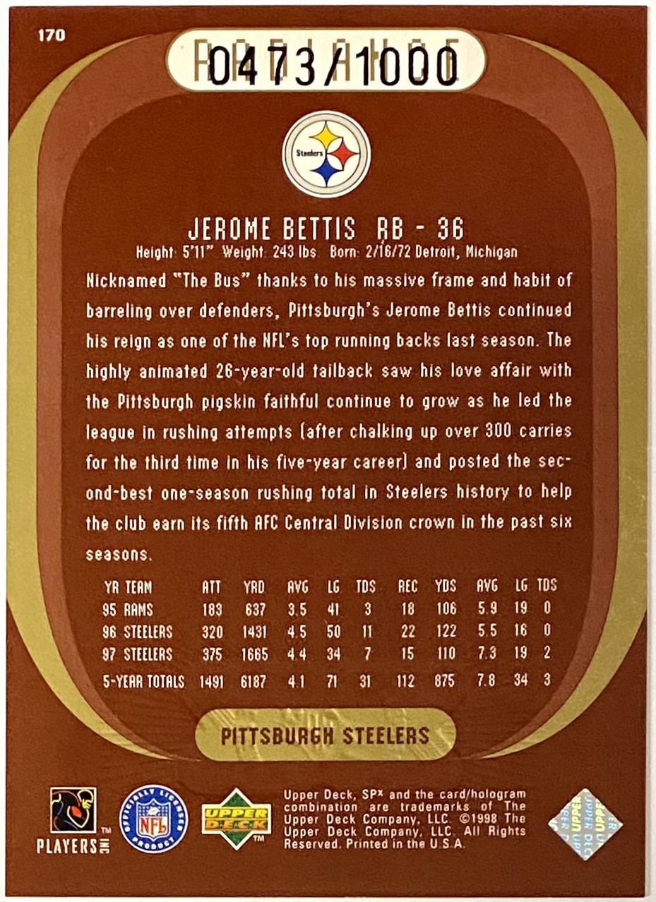 Jerome Bettis 1998 Upper Deck SPx Finite Pittsburgh Steelers Football