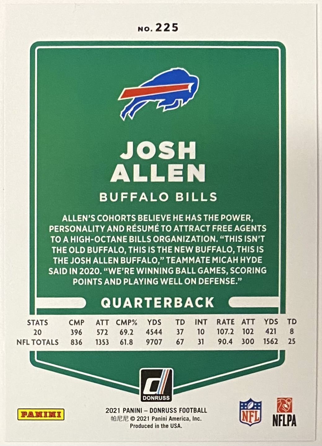 Josh Allen Panini Donruss Football Buffalo Bills Blue Press Proof