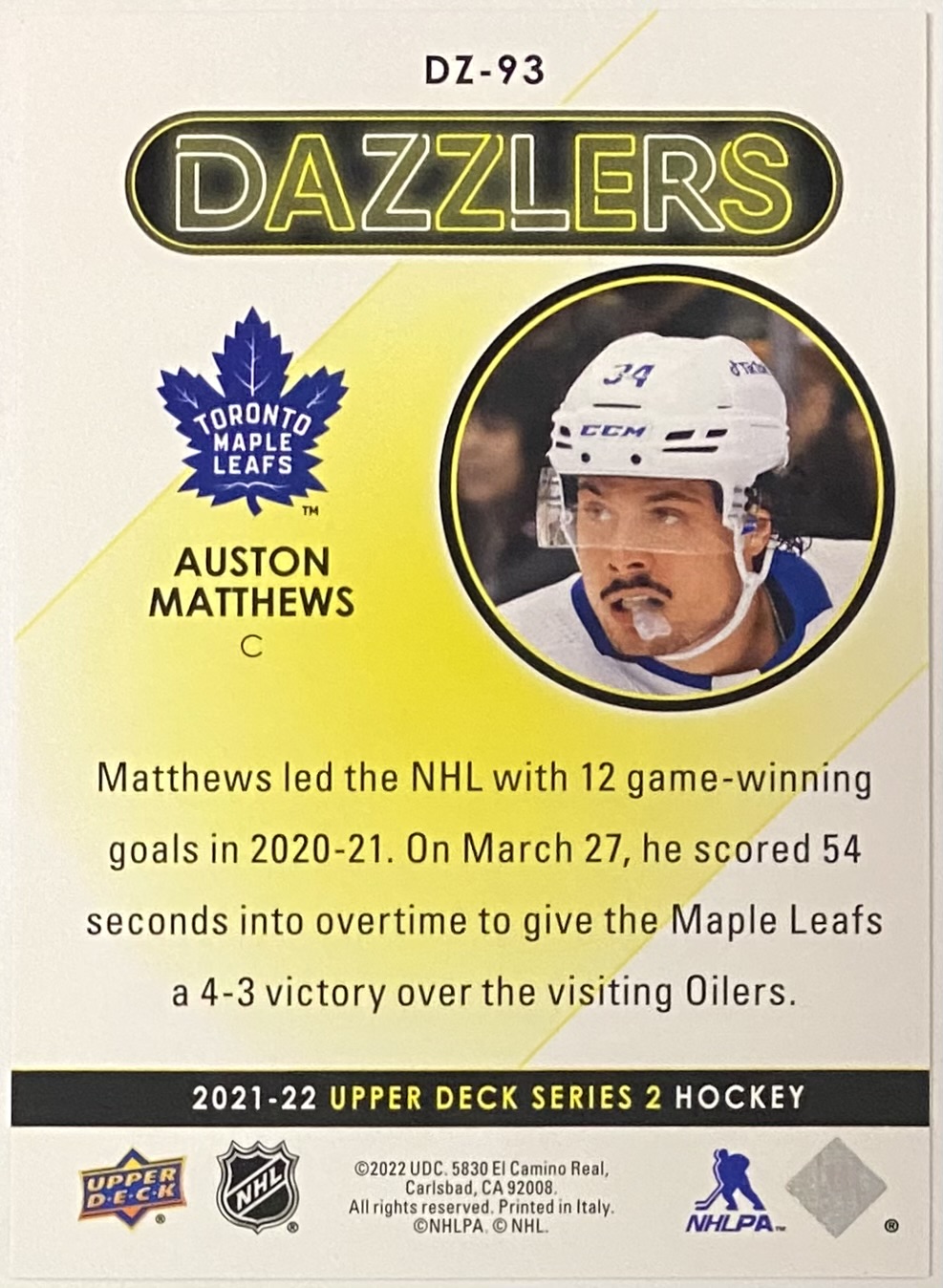 Auston Matthews 2021 22 Upper Deck Series 2 Hockey Toronto Maple Leafs