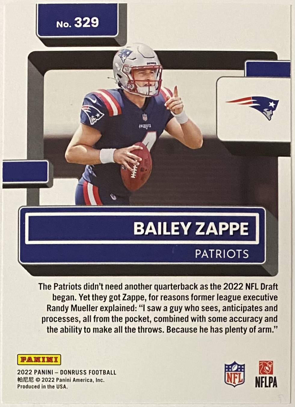 Bailey Zappe 2022 Panini Donruss Football New England Patriots Yellow