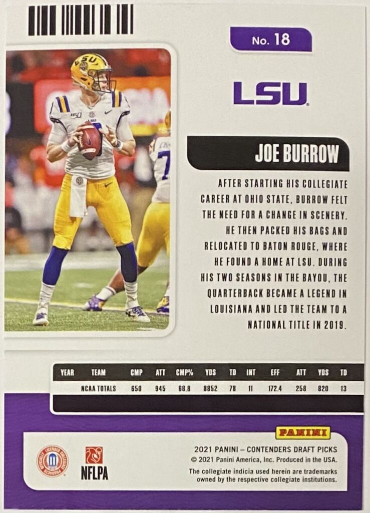 Joe Burrow 2021 Panini Contenders Football LSU Tigers Season Ticket