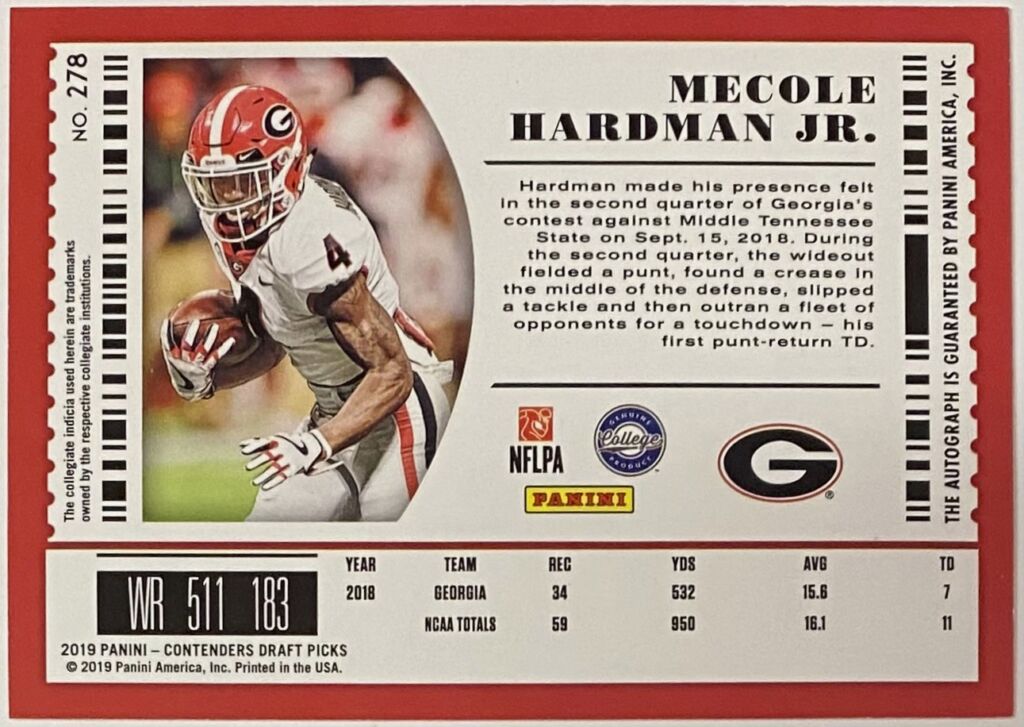 Mecole Hardman Jr Autographed Panini Contenders Draft Picks