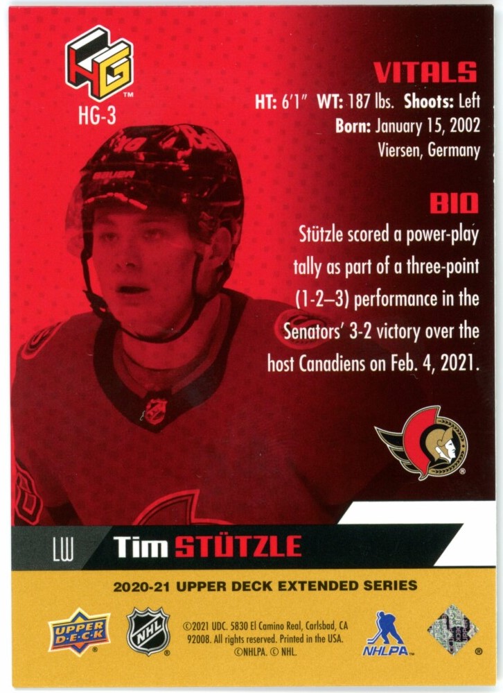 Tim Stützle 2020 21 Upper Deck Extended Series Hockey Ottawa Senators