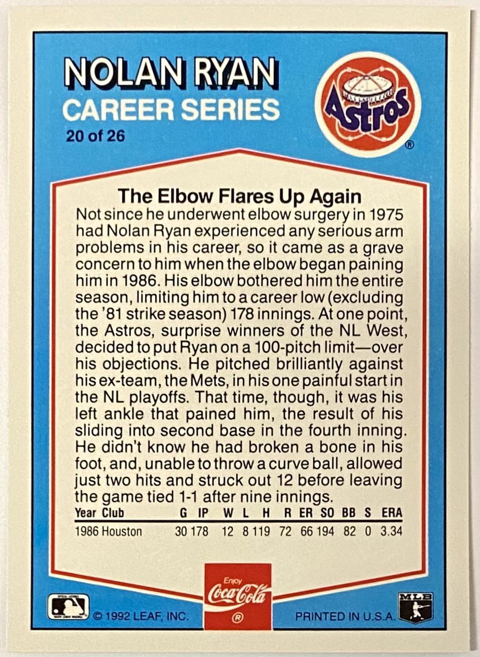 Nolan Ryan 1992 Donruss Houston Astros Baseball Coca-Cola Career Series  Card (HOF) – KBK Sports
