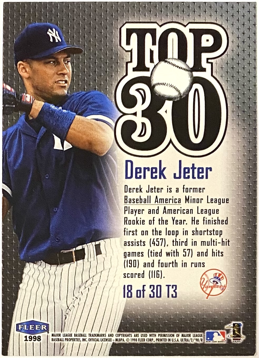 Derek Jeter 1998 Fleer Ultra New York Yankees Baseball Top 30 Card