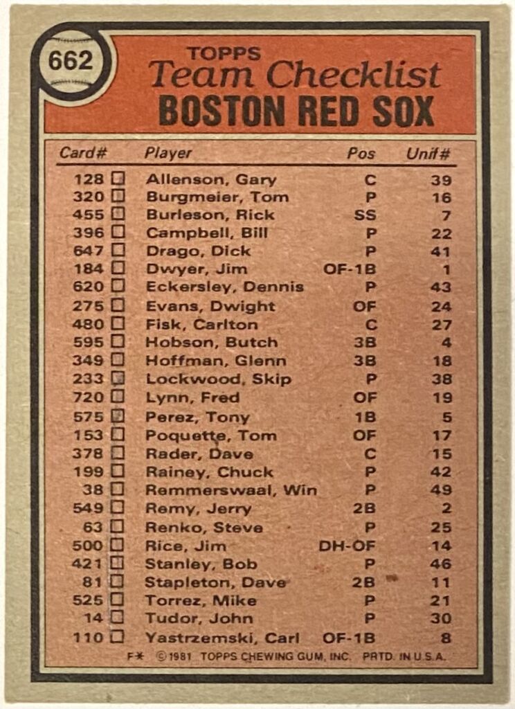 Boston Red Sox Topps Baseball Team Checklist Card W Carl Yastrzemski Carlton Fisk Jim