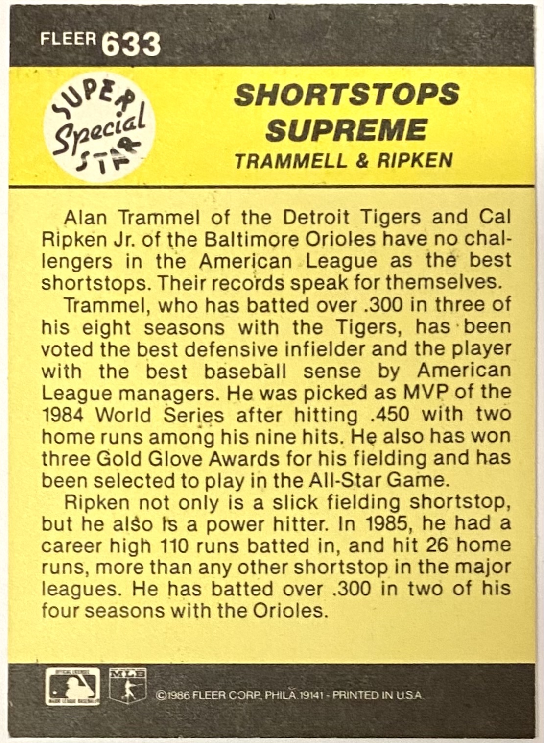 Cal Ripken Jr. & Alan Trammell 1986 Fleer Baseball Shortstops Supreme Card  (HOF) – KBK Sports