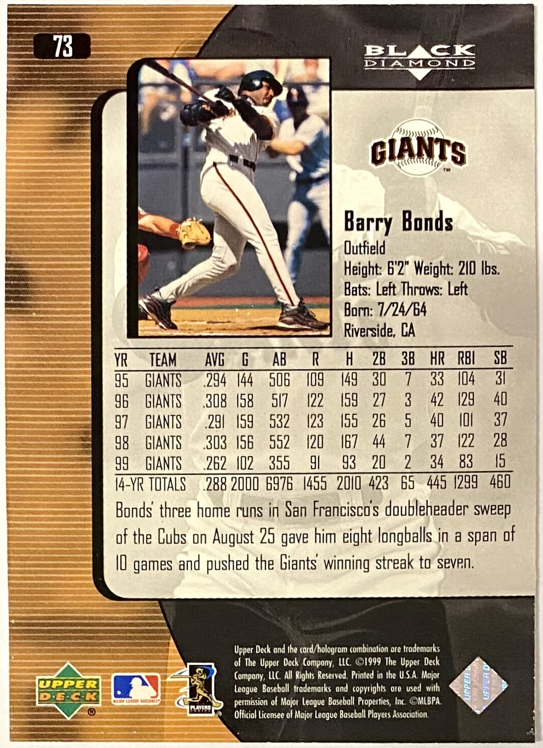 ★野球カード　B・ボンズ　1999 BLACK DIAMOND M25 0930/2500