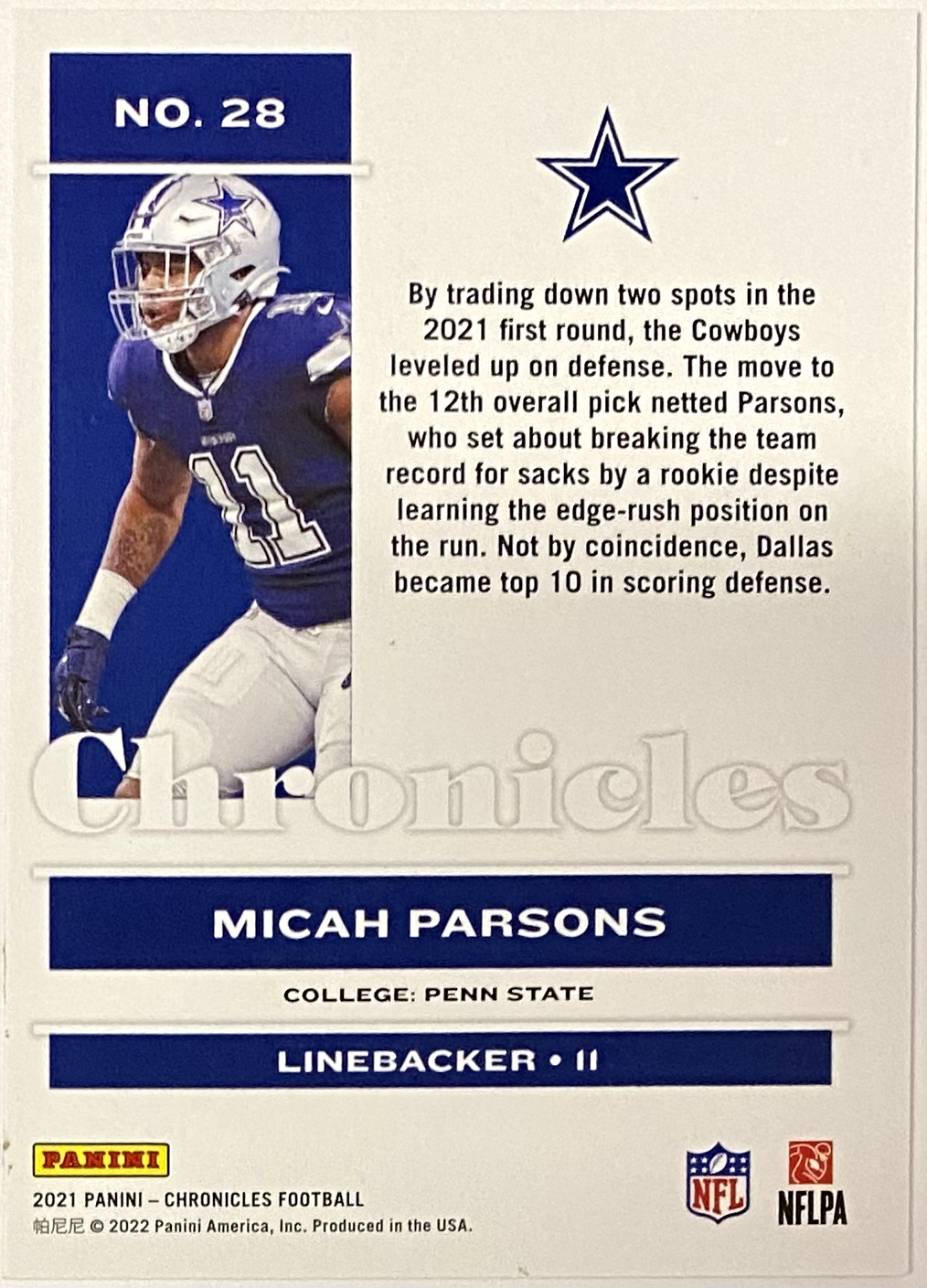 Micah Parsons 2021 Panini Chronicles Football Dallas Cowboys