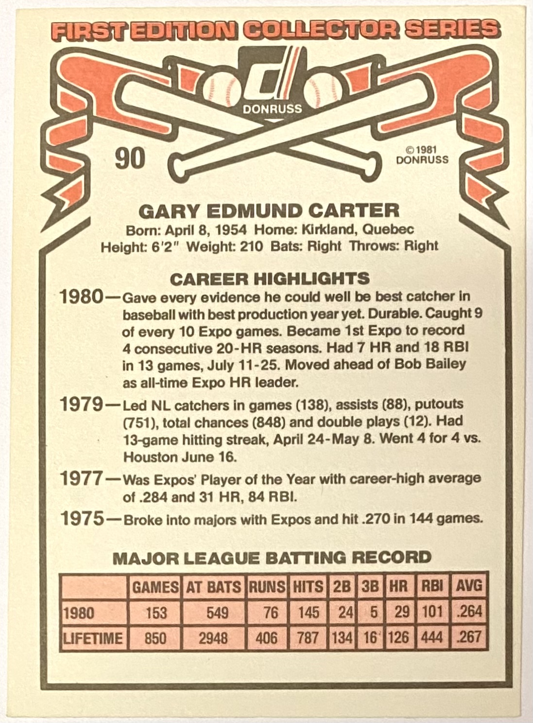 Gary Carter 1981 Donruss Montreal Expos Baseball Card (HOF) – KBK Sports
