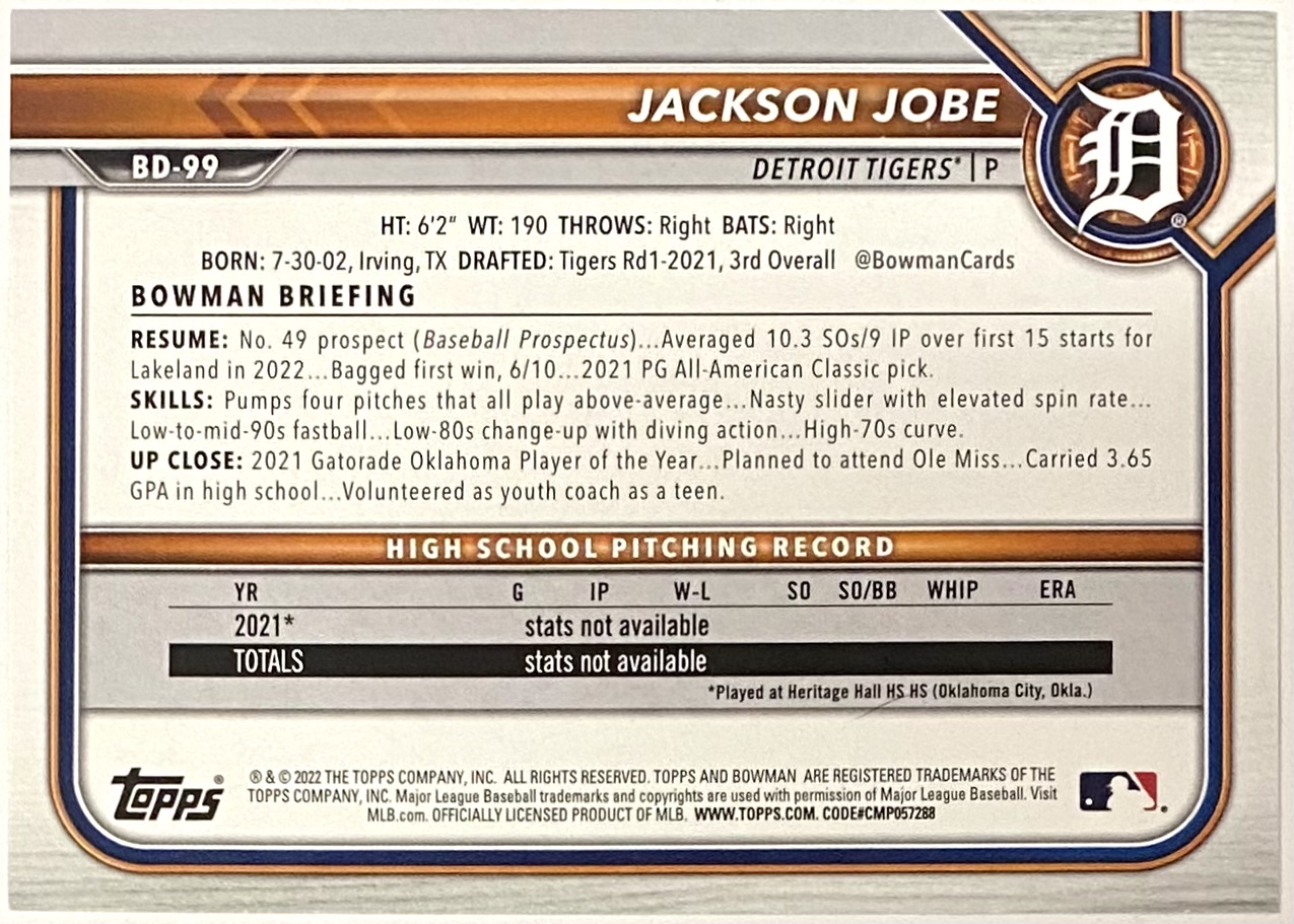 Jackson Jobe 2022 Bowman Detroit Tigers Baseball Prospect Rookie Card ...