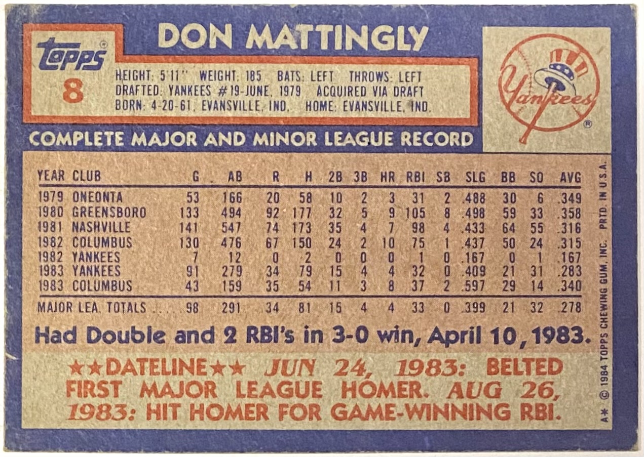 Sold at Auction: 1984 Topps Don Mattingly Rookie