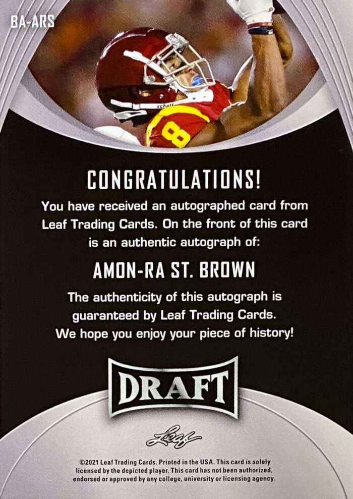 Amon Ra St Brown Autographed 2021 Leaf Draft USC Trojans Football