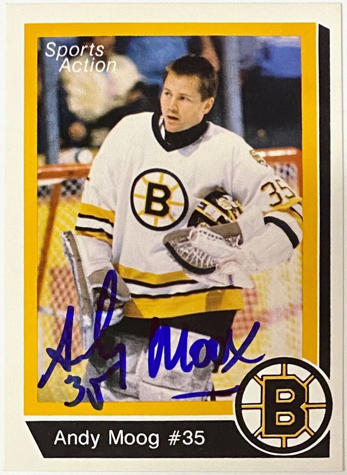 Andy Moog Autographed Sports Action Boston Bruins Hockey Card - KBK Sports