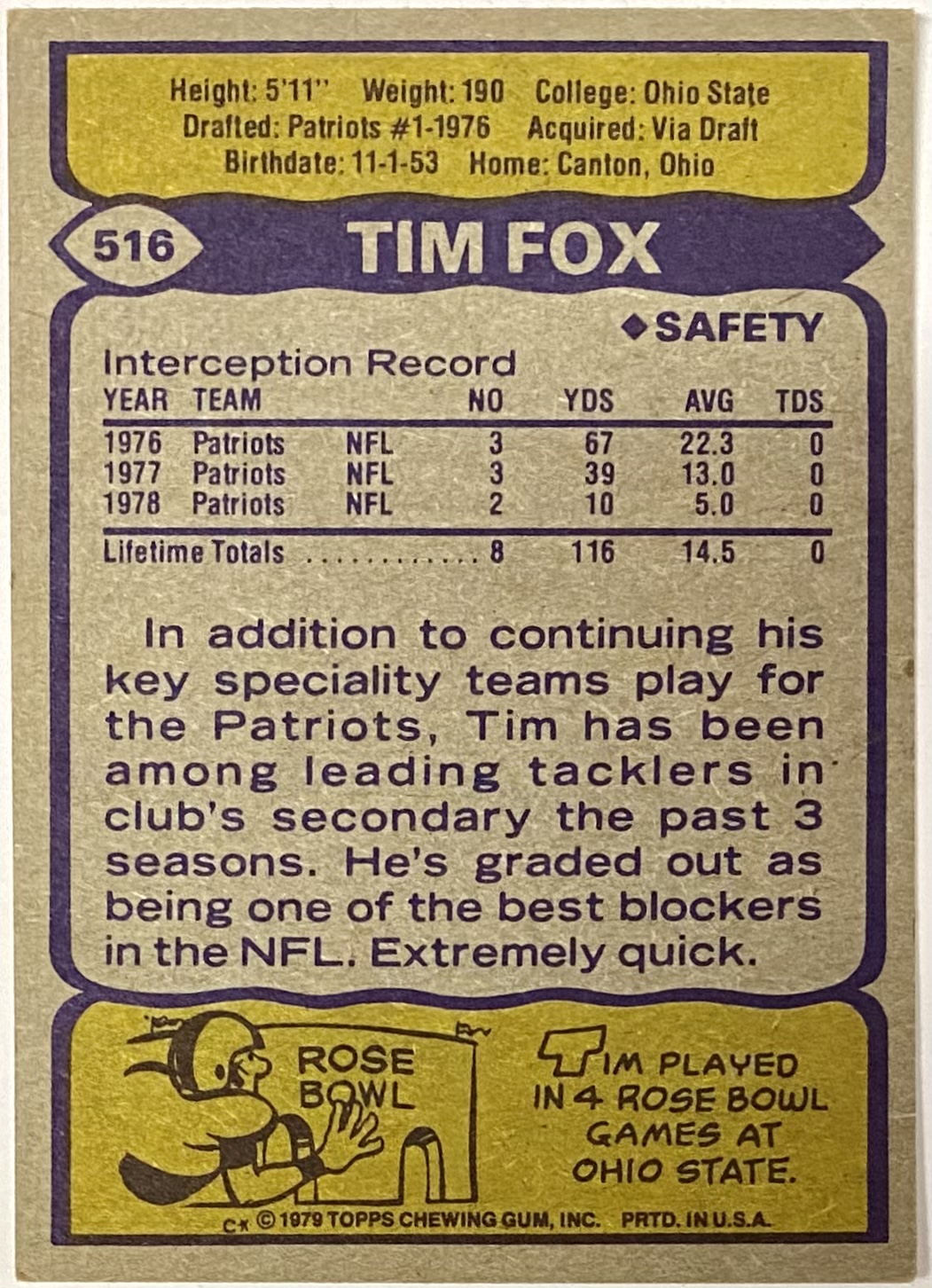 1980 Topps Tim Fox New England Patriots Football Card VFBMC