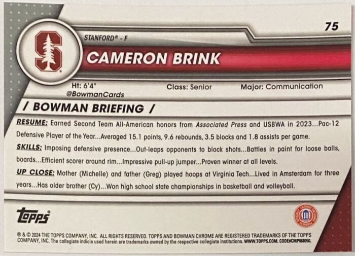 Cameron Brink 2024 Bowman University Chrome Stanford Cardinal ...