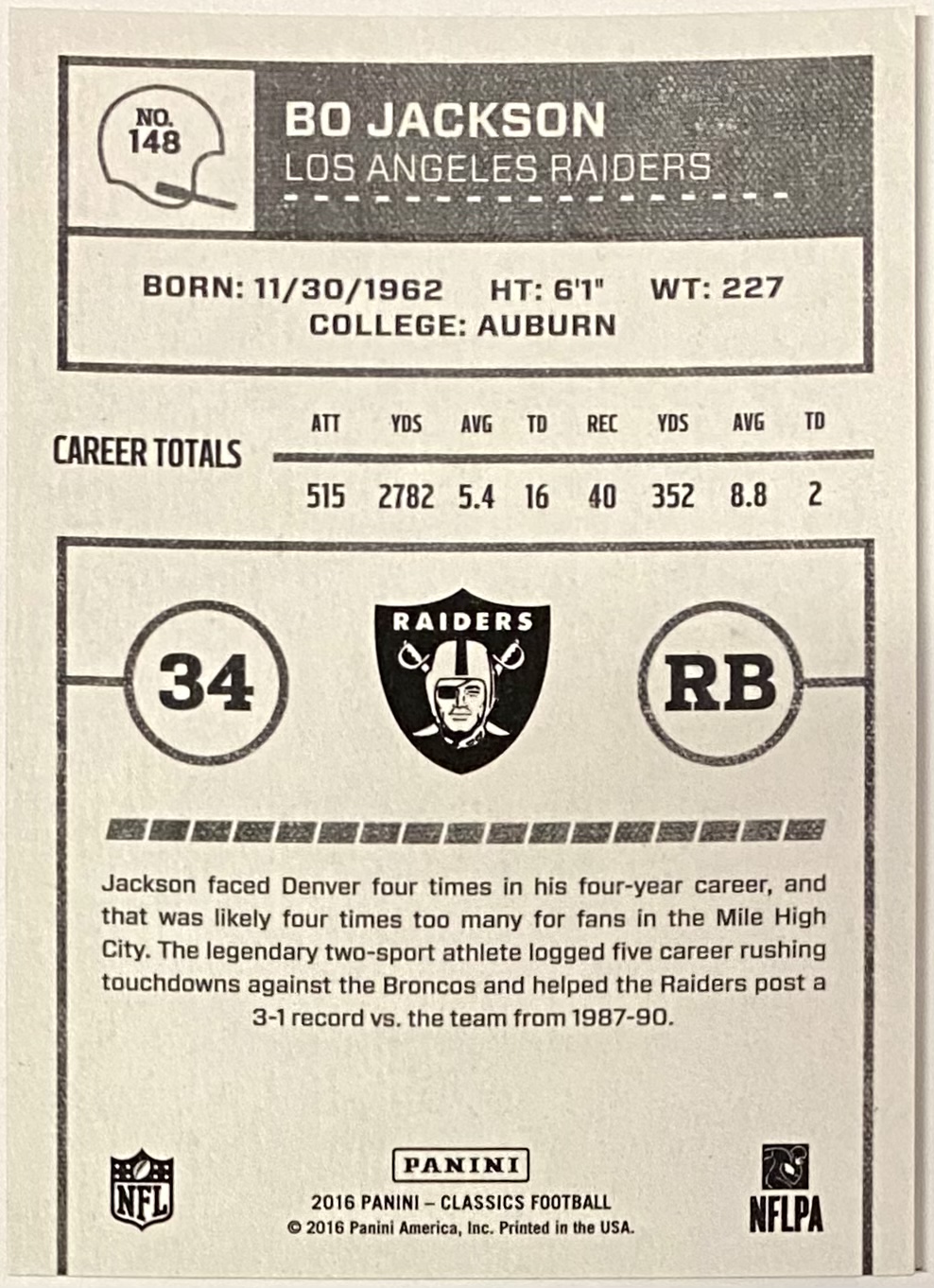 Bo Jackson 2016 Panini Classics Football Los Angeles Raiders Legends Card –  KBK Sports