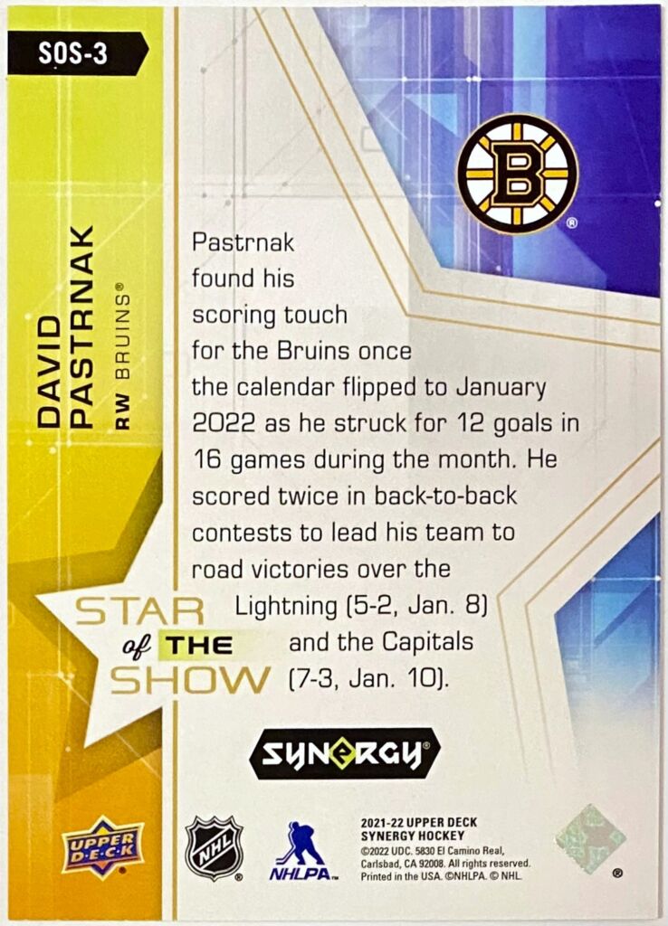 David Pastrnak Upper Deck Synergy Hockey Boston Bruins Star Of