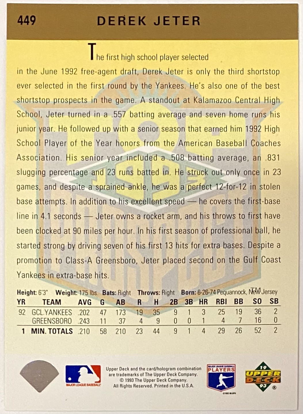 Derek Jeter 1993 Upper Deck New York Yankees Baseball Top Prospect