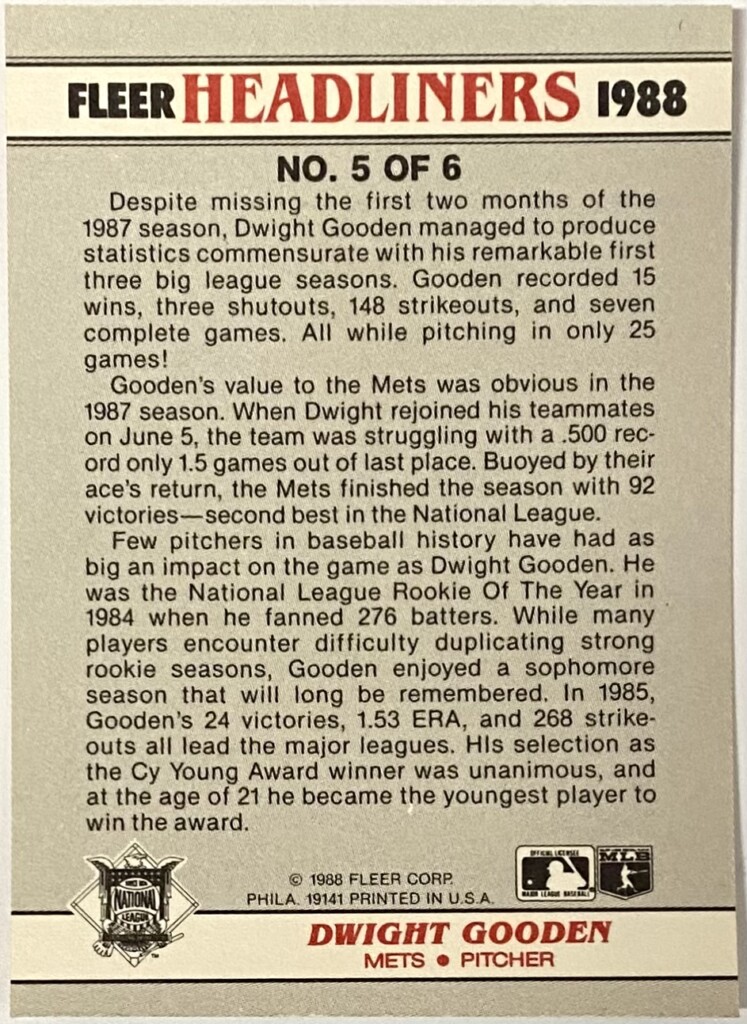 Dwight Gooden 1988 Fleer New York Mets Baseball Headliners Card - KBK ...