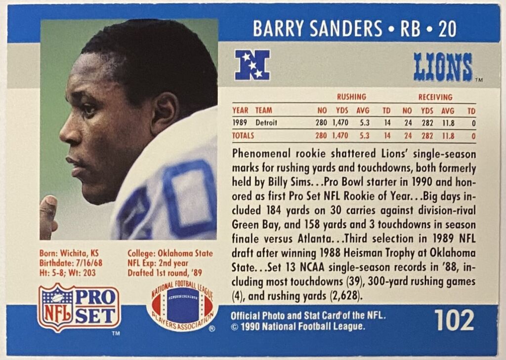 Barry Sanders 1990 Pro Set Detroit Lions Football Card - KBK Sports