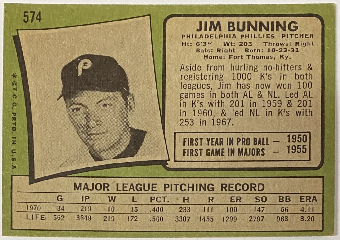 Jim Bunning 1971 Topps Philadelphia Phillies Baseball Card - KBK Sports