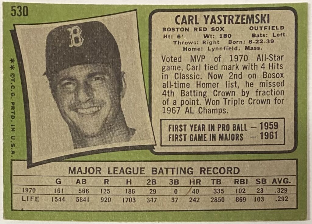 Carl Yastrzemski 1971 Topps Boston Red Sox Baseball Card - KBK Sports