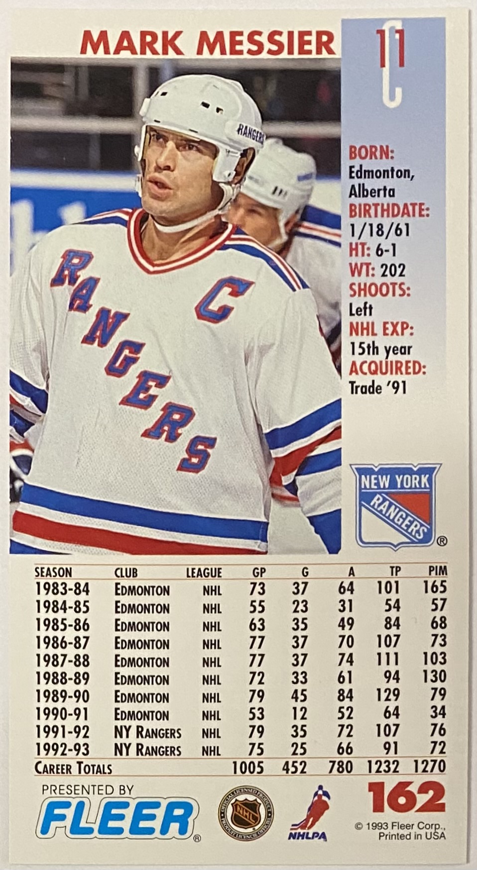 Mark Messier 1993-94 Fleer New York Rangers Hockey Power Play Card ...