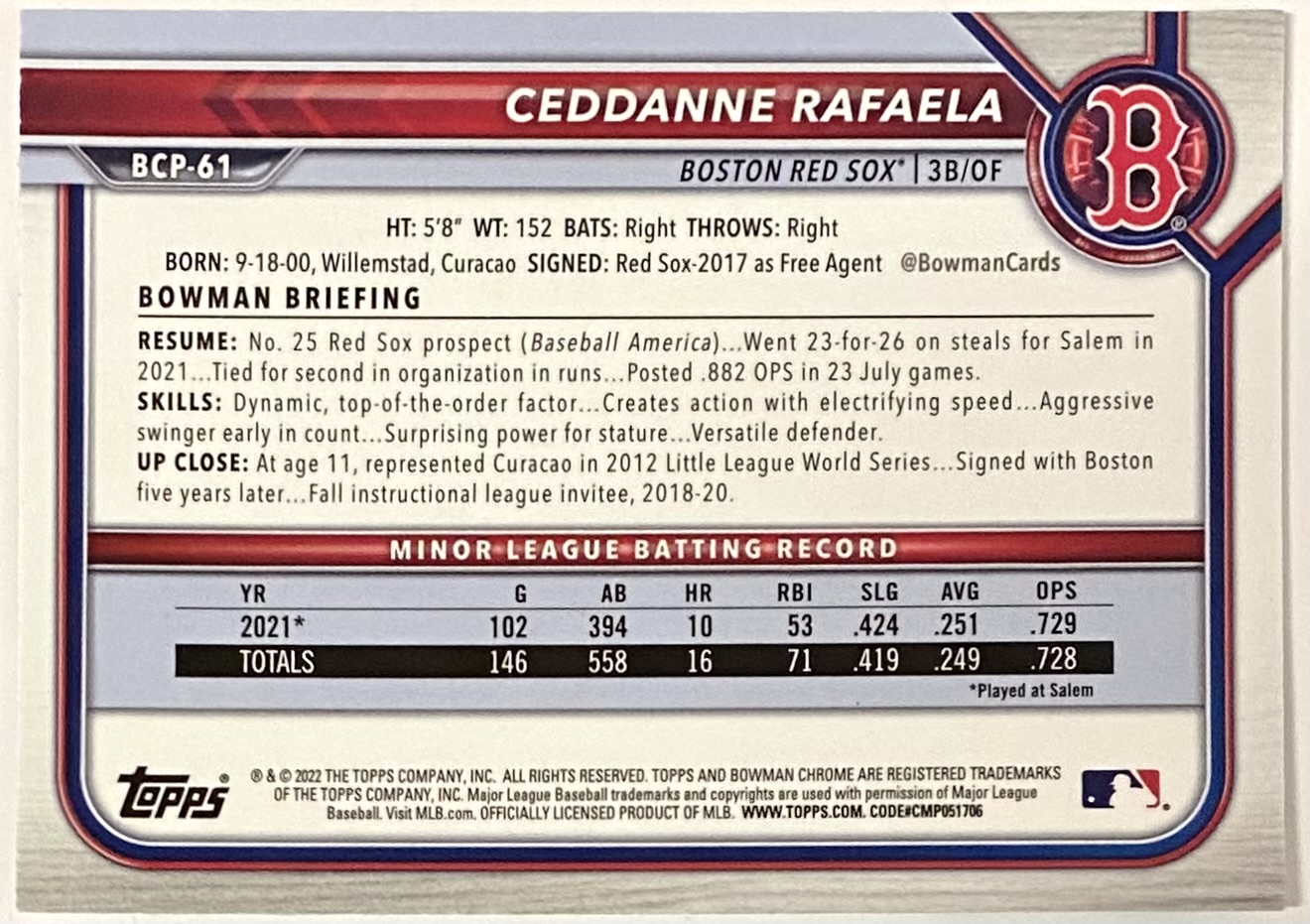 Ceddanne Rafaela 2022 Bowman Chrome Boston Red Sox Baseball Prospect ...