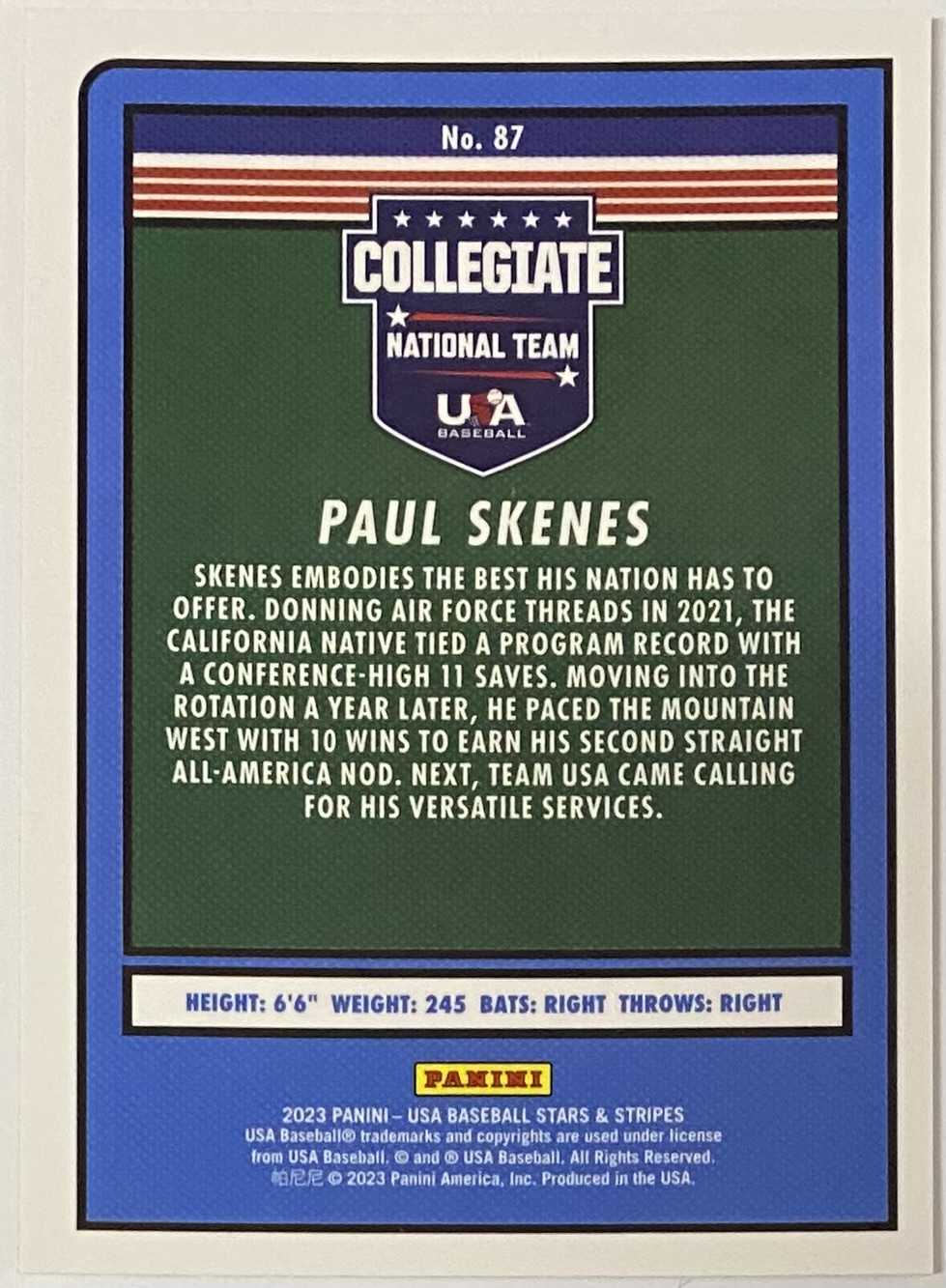 Paul Skenes 2023 Panini USA Baseball Stars & Stripes Collegiate National Team Prospect Rookie