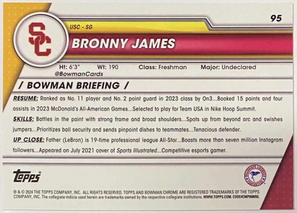 Bronny James 2024 Bowman University Chrome USC Trojans Basketball ...