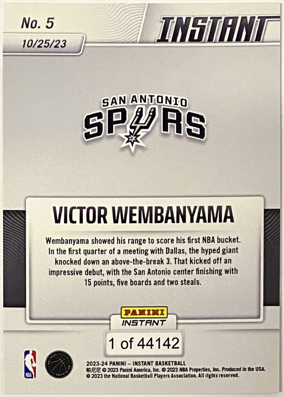 2023-24 Panini Instant Card From Debut 5 Victor Wembanyama RC