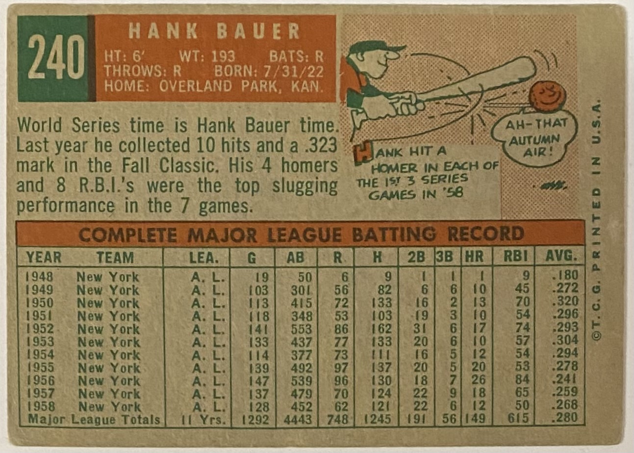 Hank Bauer 1959 Topps New York Yankees Baseball Card - KBK Sports