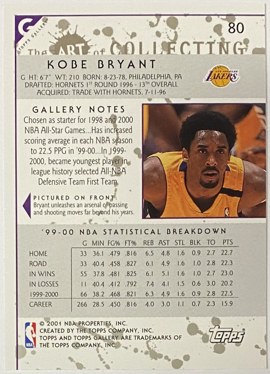 Kobe Bryant 2000-01 Topps Gallery Los Angeles Lakers Basketball Card ...