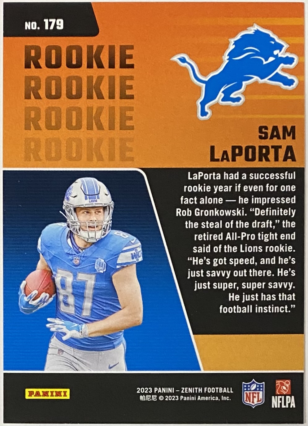 Sam LaPorta 2023 Panini Zenith Football Detroit Lions Rookie Card KBK