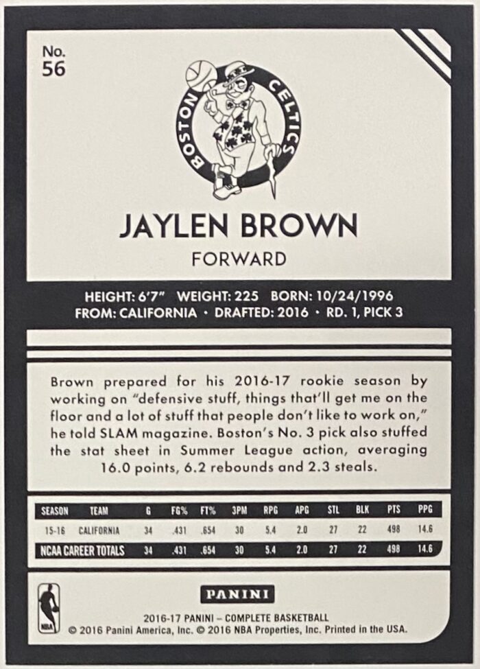 Jaylen Brown 2016-17 Panini Complete Basketball Boston Celtics Rookie ...