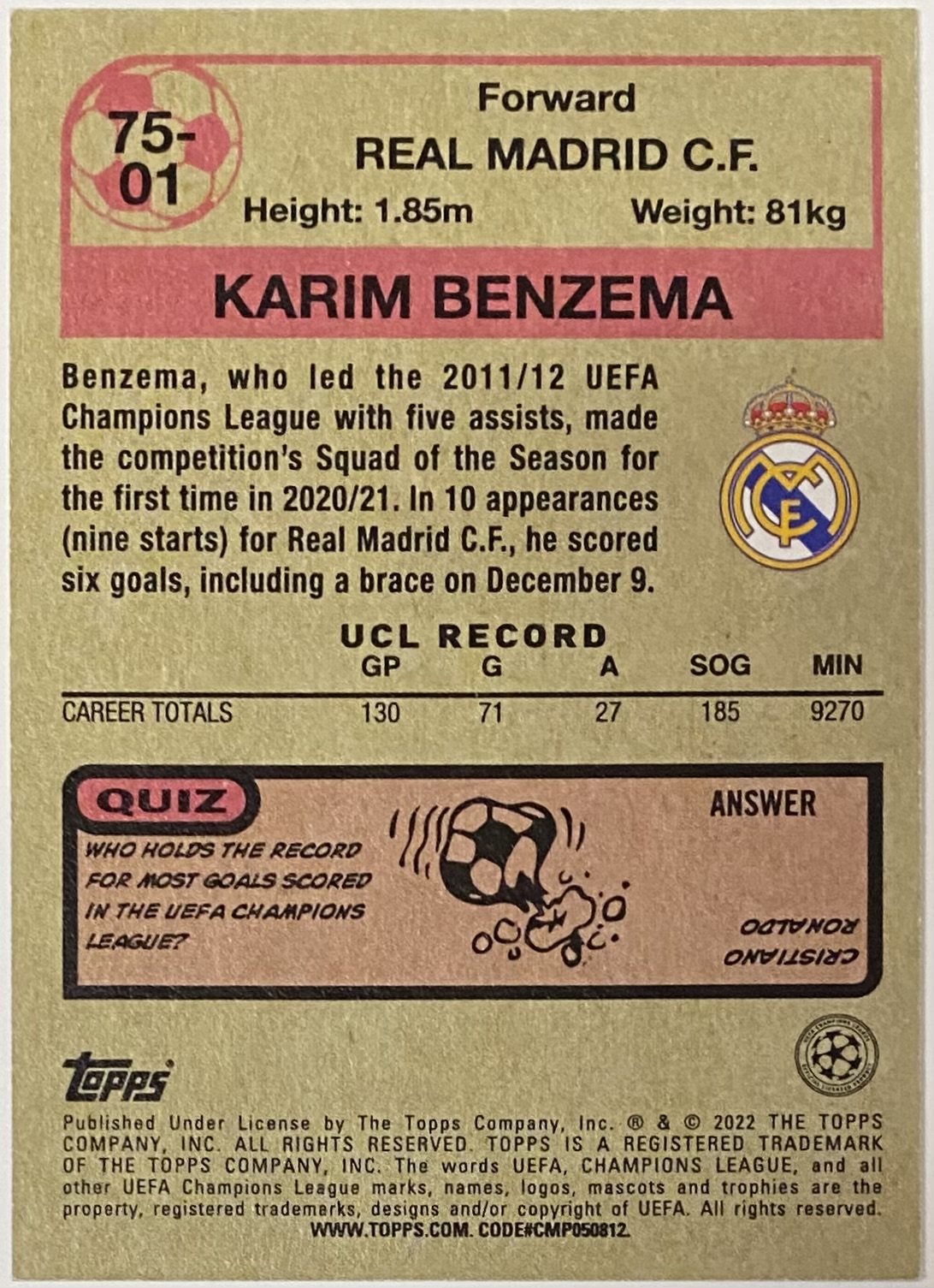 Karim Benzema 2020-21 Topps Real Madrid Soccer Champions League Retro ...