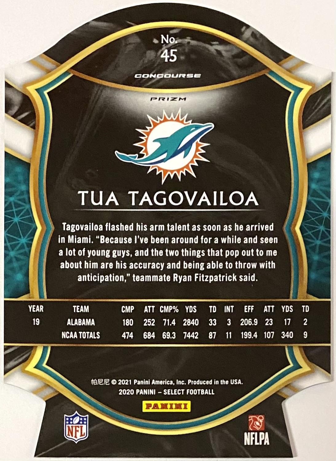 2021 Select Tua Tagovailoa Black Gold Concourse Prizm Die-Cut #22