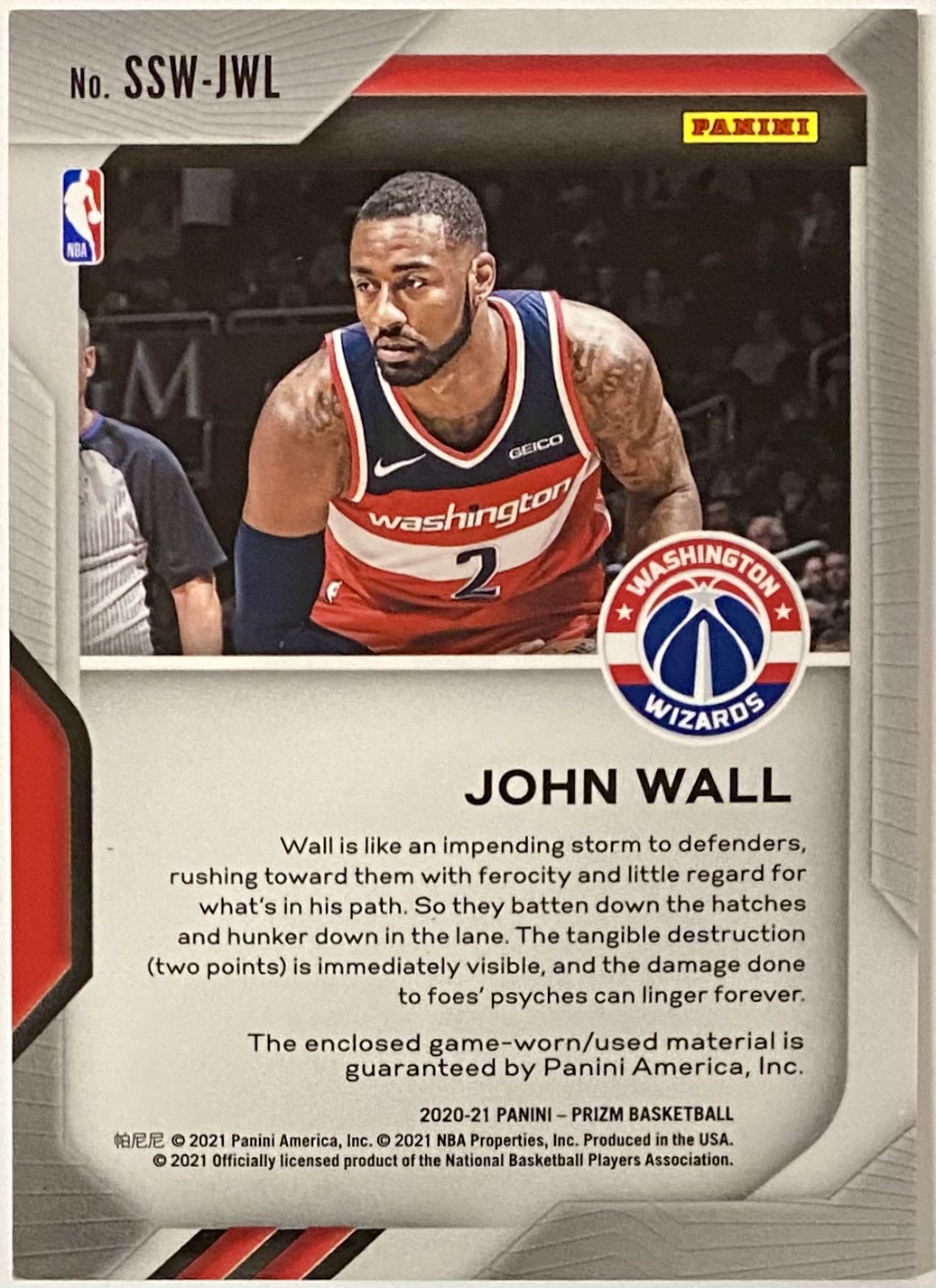 John Wall 2020-21 Panini Prizm Basketball Washington Wizards Sensational  Card w/Piece of Game-Worn Material - KBK Sports