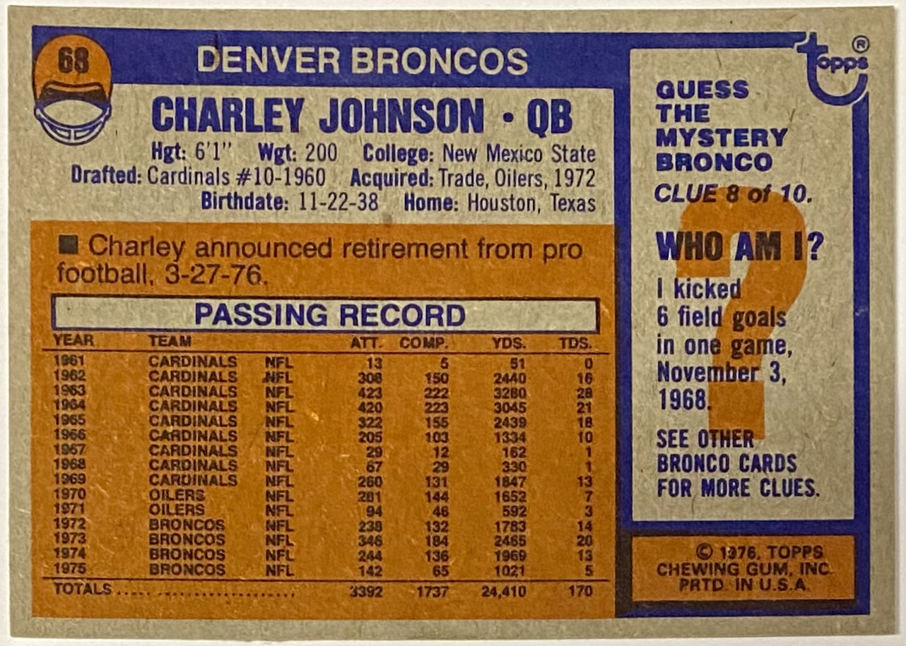 Charley Johnson 1976 Topps Denver Broncos Football Card Kbk Sports