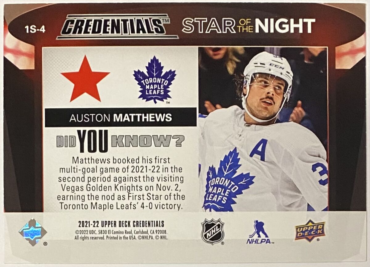 Auston Matthews 2021-22 Upper Deck Credentials Toronto Maple Leafs Star ...