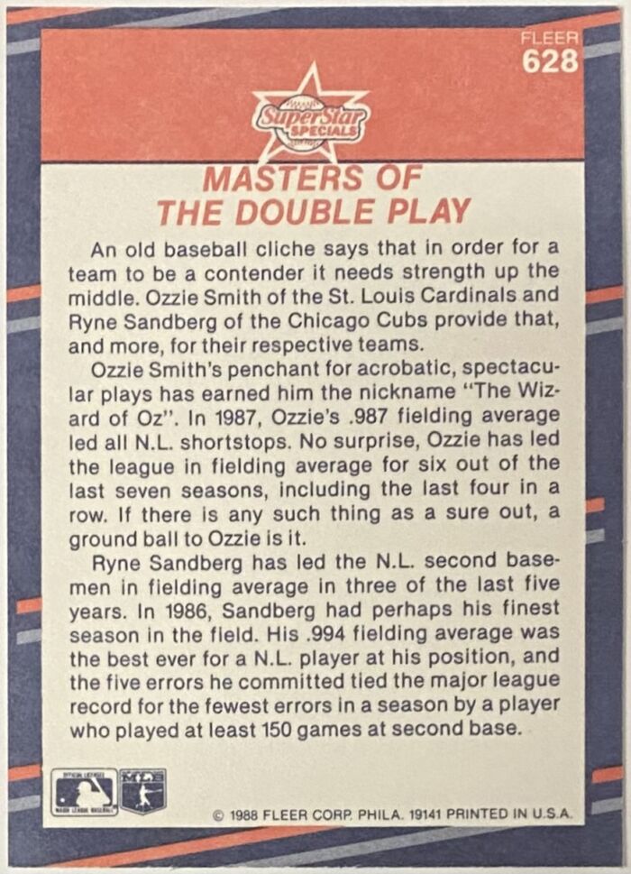 Ozzie Smith & Ryne Sandberg 1988 Fleer Masters of the Double Play ...