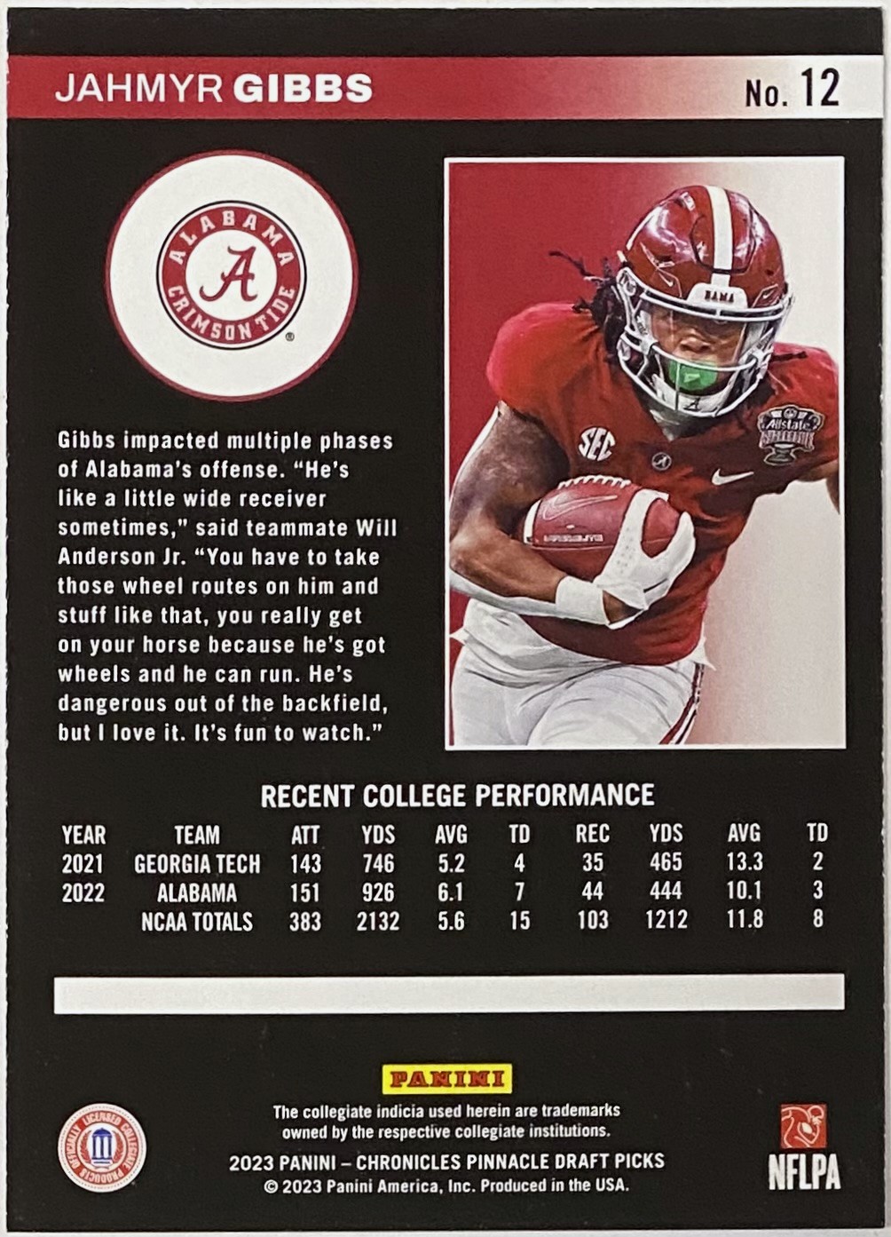 Jahmyr Gibbs 2023 Panini Chronicles Pinnacle Draft Picks Alabama ...