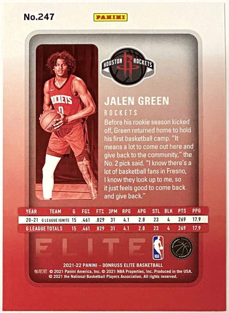 Jalen Green 2021-22 Panini Donruss Elite Basketball Houston Rockets Purple  Numbered Rookie Card (#49/49) - KBK Sports